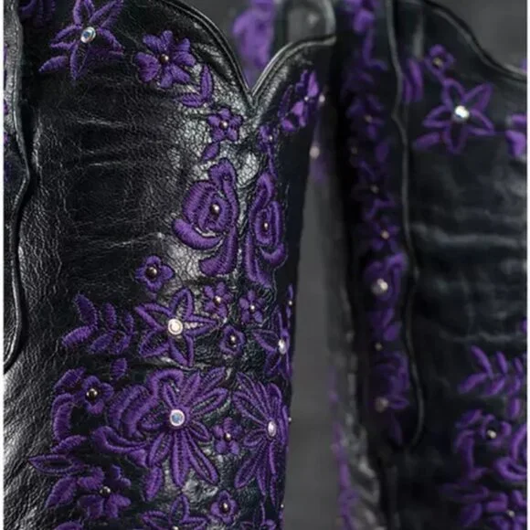 Black Star SWEETGRASS Women's Cowboy Boots in Black w Purple - Size 8.5 - Picture 2 of 13